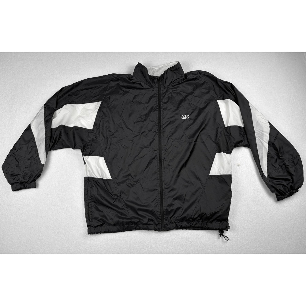 Vintage ASICS 90s Black White Colorblock Windbreaker Jacket Size XL Nylon Zip Up